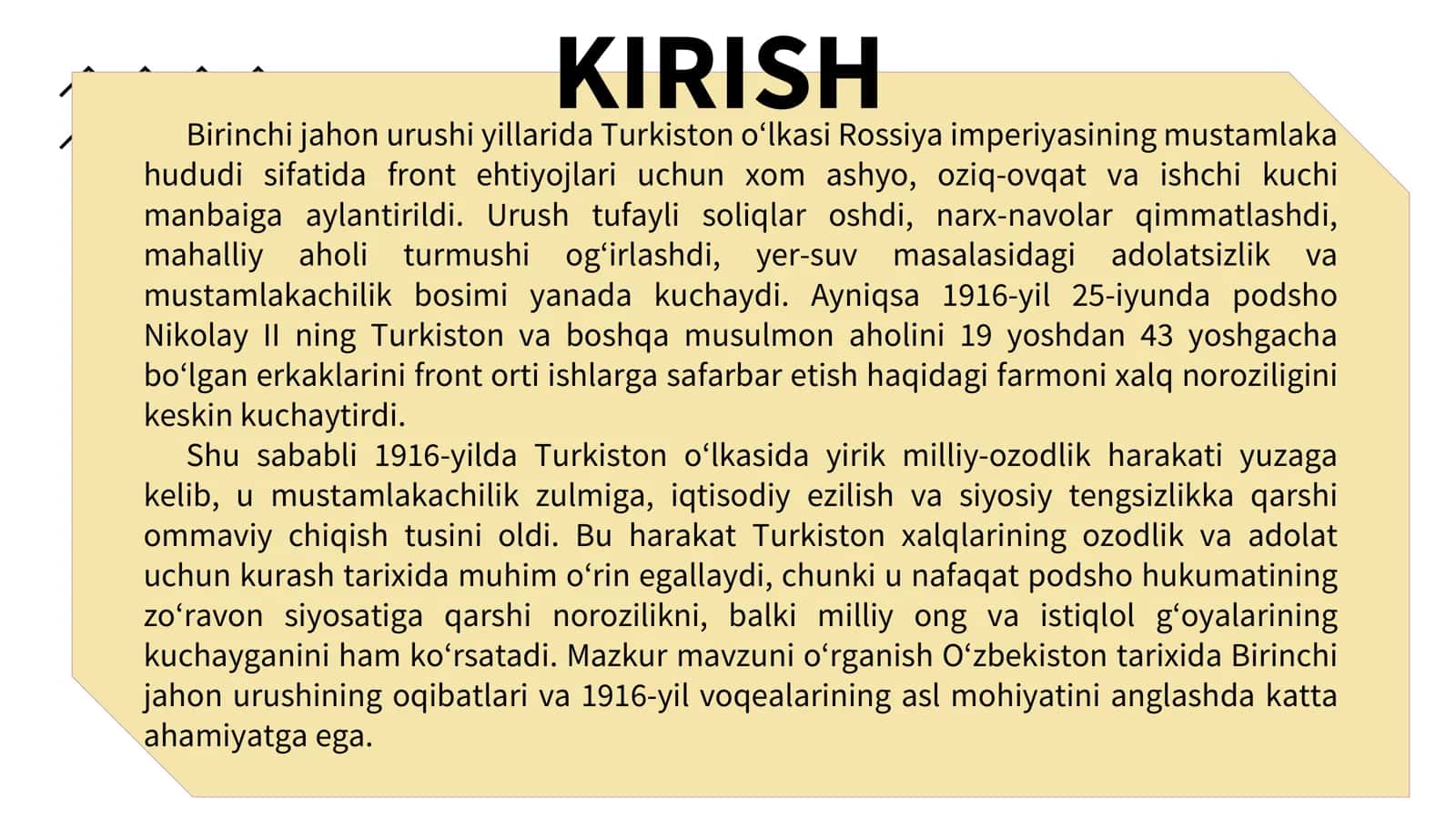 Birinchi jahon urishining Turkiston o‘lkasiga ta’siri 1916-yil milliy-ozodlik harakati 2