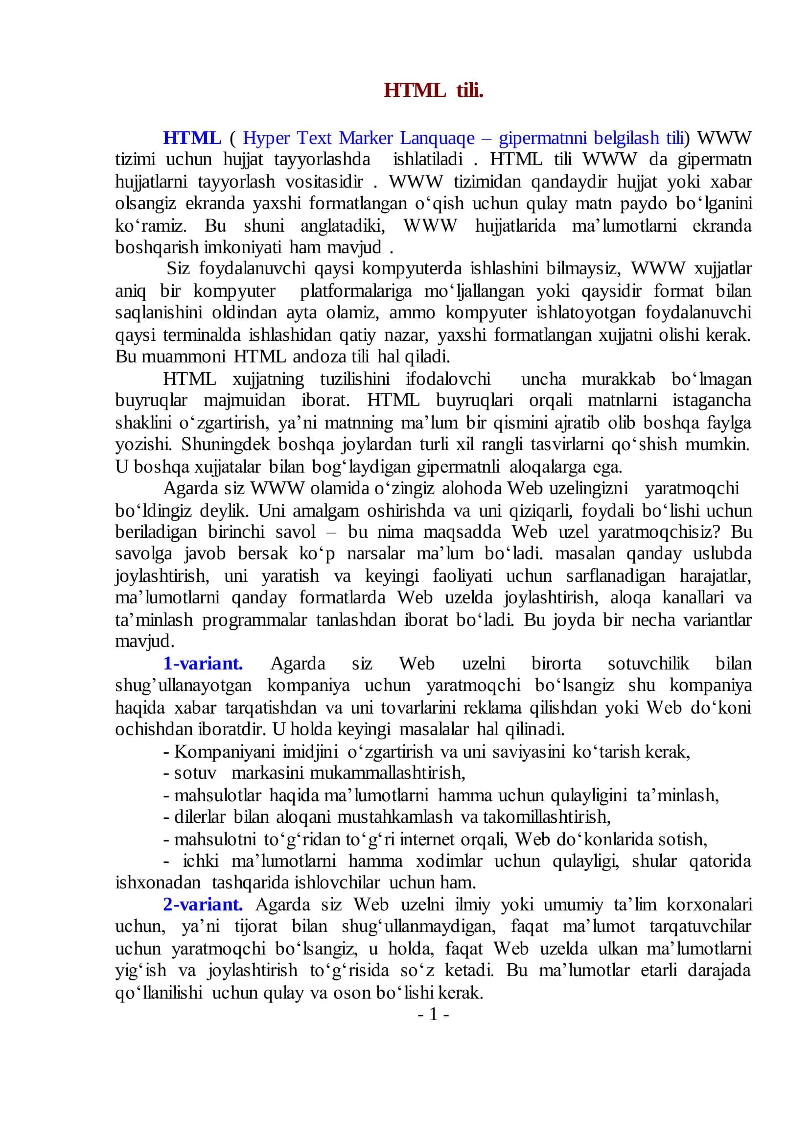 HTML tili va unda Web sahifalar yaratish 2