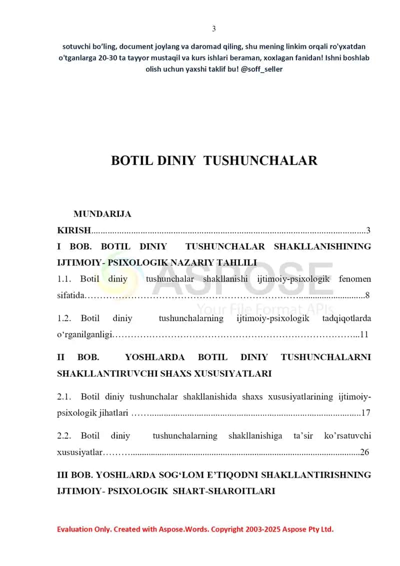 Mustaqil ish: “Botil diniy tushunchalarning shakllanishining ijtimoiy-psixologik xususiyatlari” 2