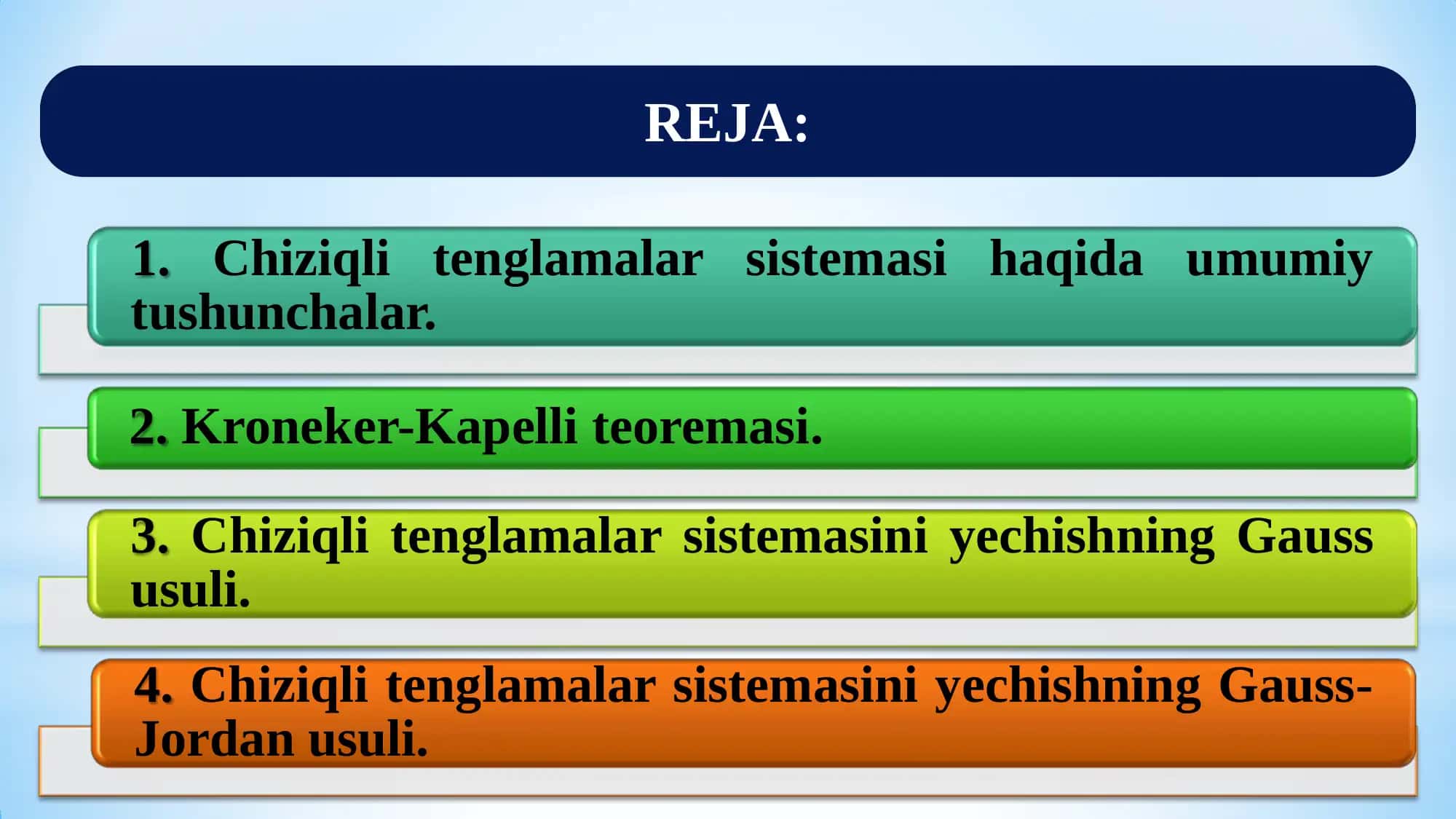 Amaliy matematika 1: Chiziqli tenglamalar sistemasi va uni yechishning Gauss va Gauss-Jordan usullari 2