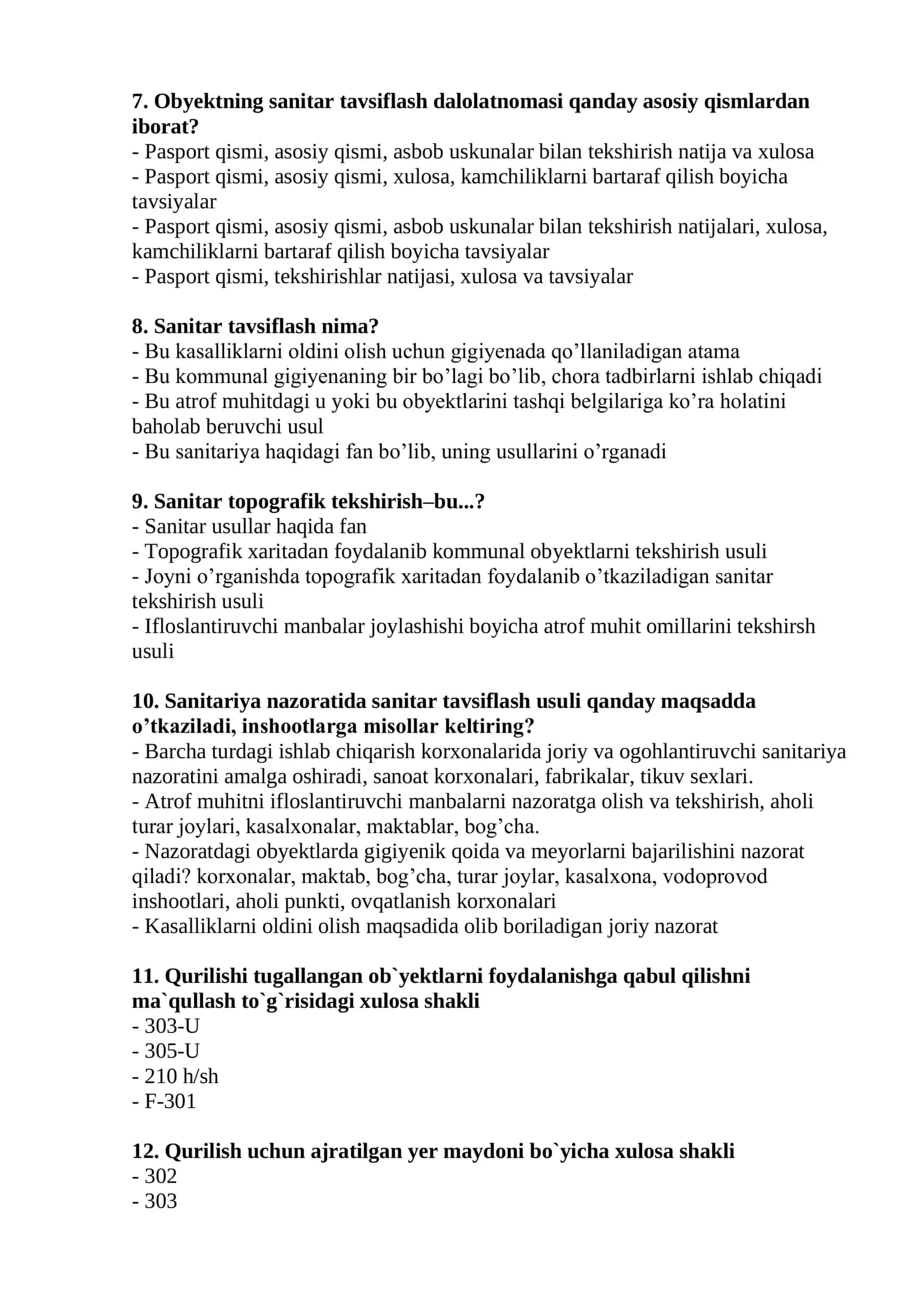 Atrof muhit va inson salomatligi mutaxassisligi bo'yicha shakllantirilgan test savollari ro'yxati 2