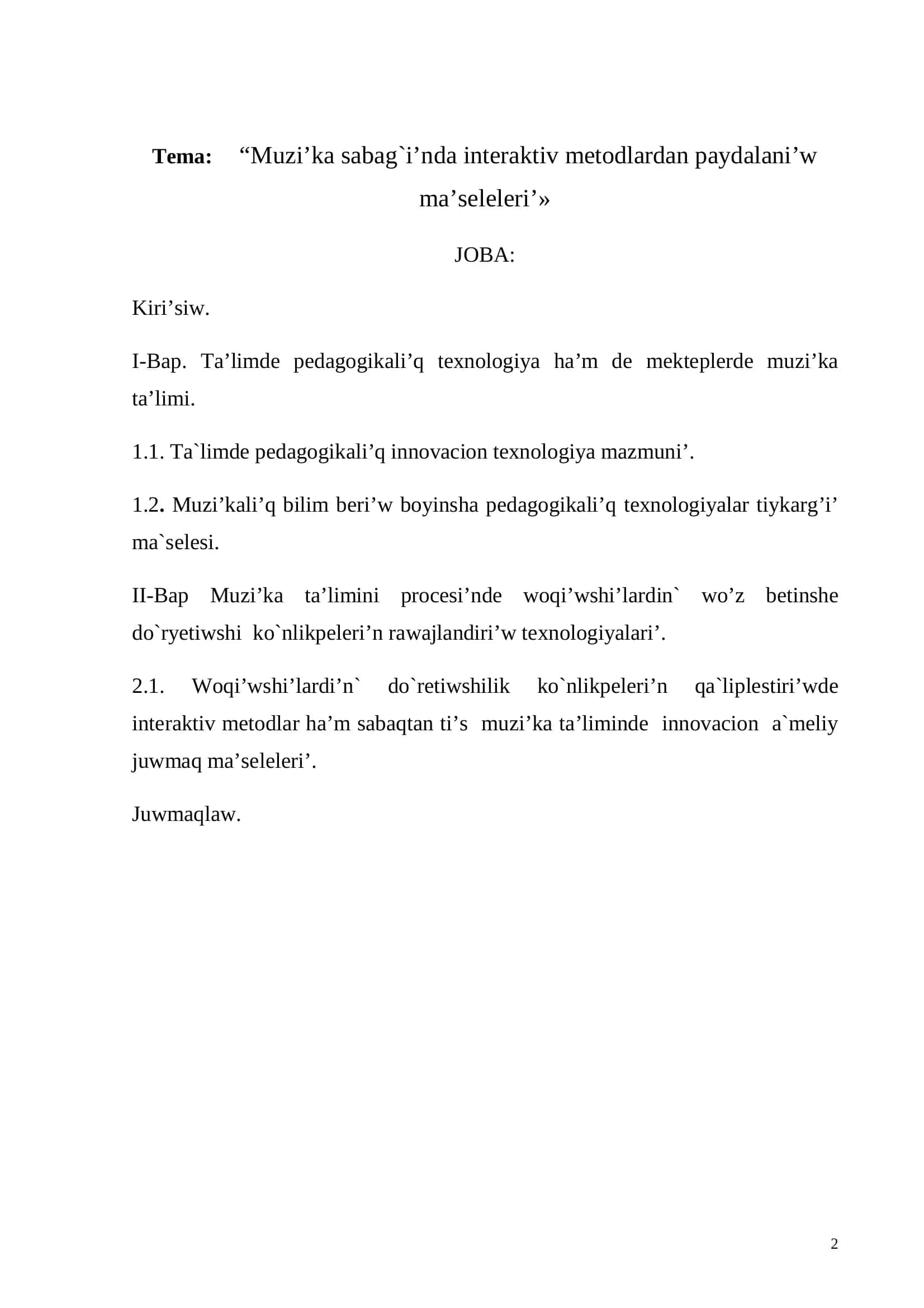 Muzi’ka sabag`i’nda interaktiv metodlardan paydalani’w ma’seleleri’ 2