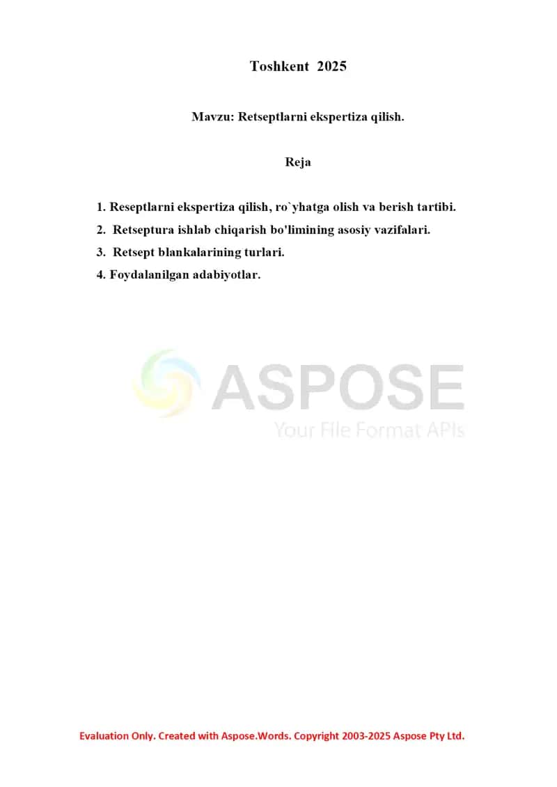 8. Retseptlarni ekspertiza qilish. Referat 9 bet. 2