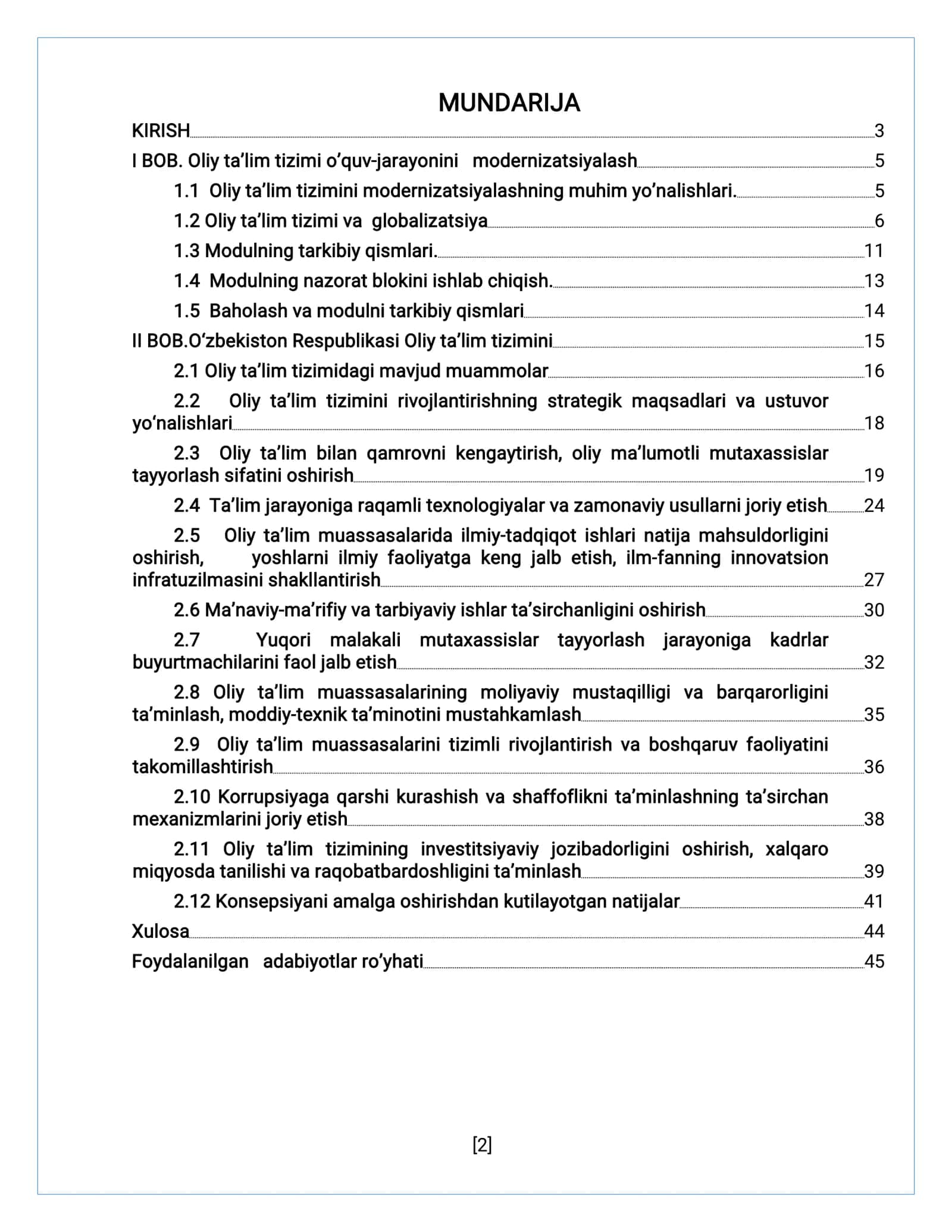 Oliy ta’lim tizimini o’quv-jarayonlarini modernizatsiyalashning ustuvor yo’nalishlari 2