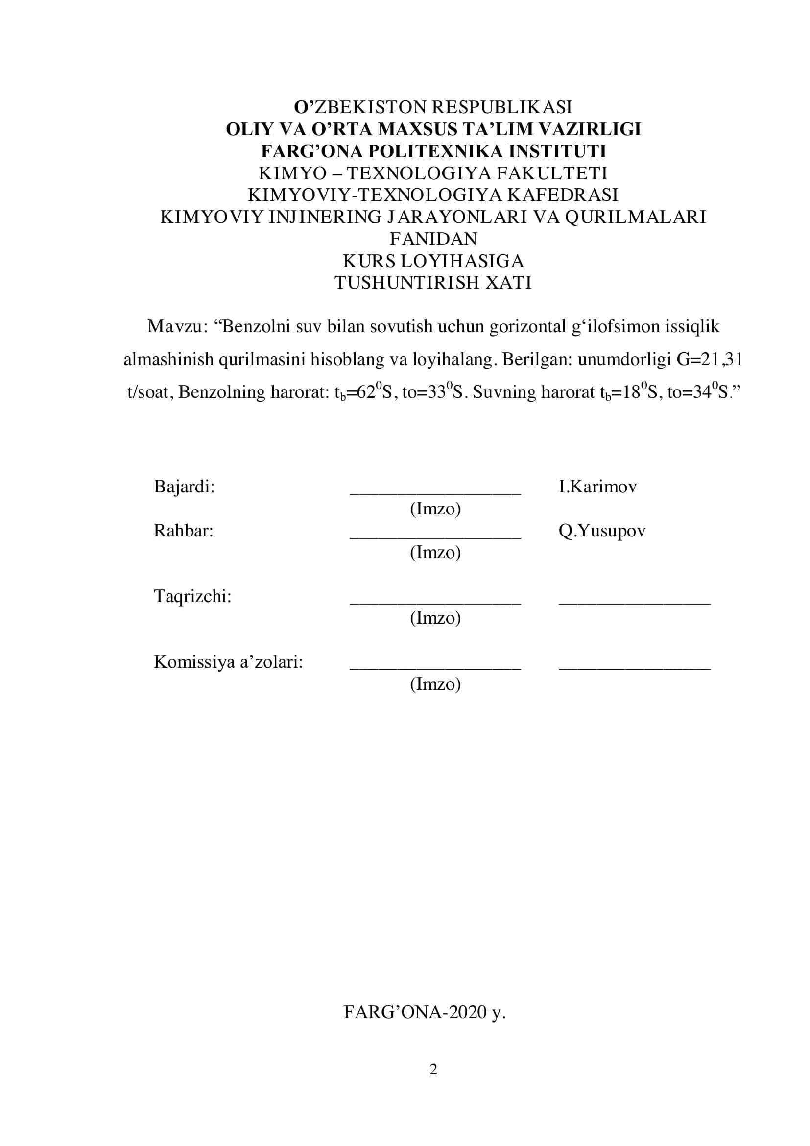 KIMYOVIY INJINERING JARAYONLARI VA QURILMALARI 2
