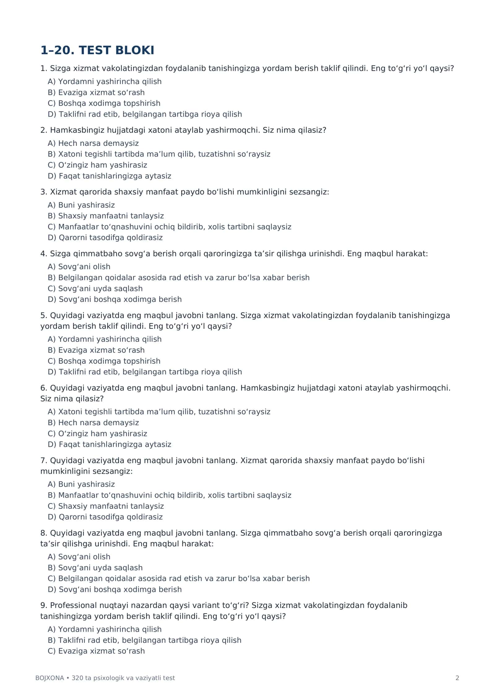 Bojxona Organlariga Ishga Kirish uchun 320 ta Psixologik Test | Javoblar Kaliti bilan PDF 2