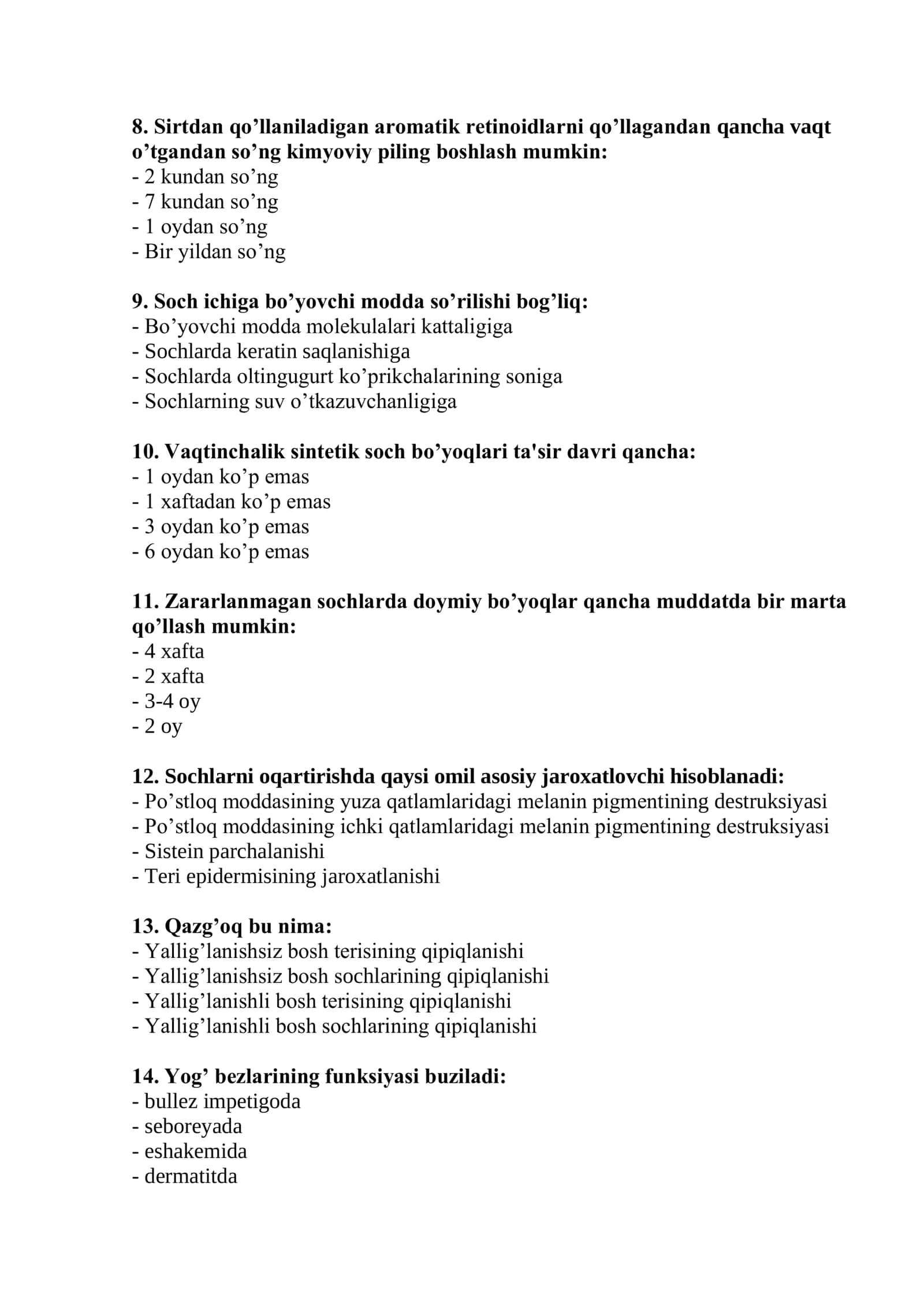 Tibbiy kosmetologiya mutaxassisligi test savollari 2026 2