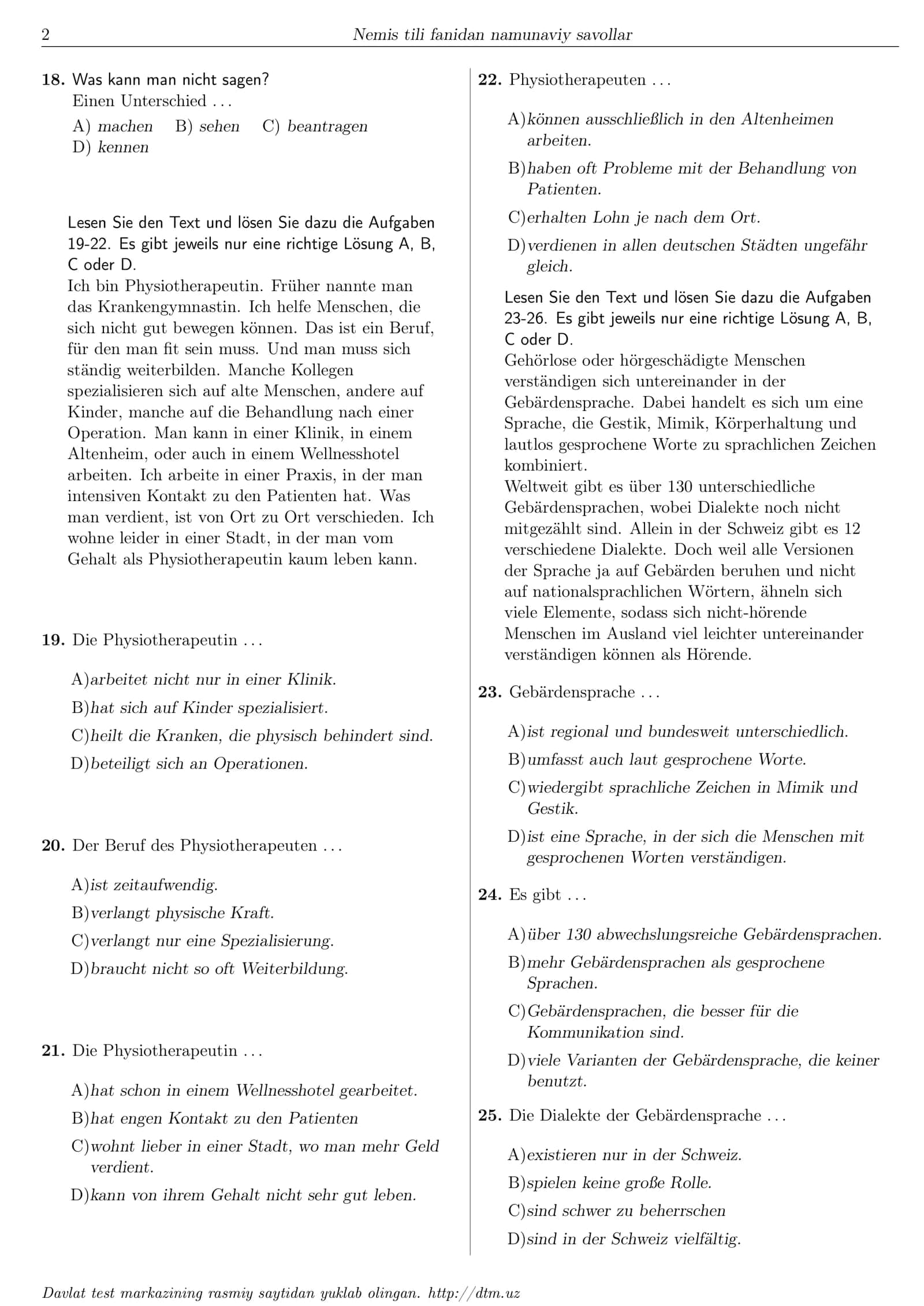 Nemis tili fanidan Dtm namunaviy savollar 2