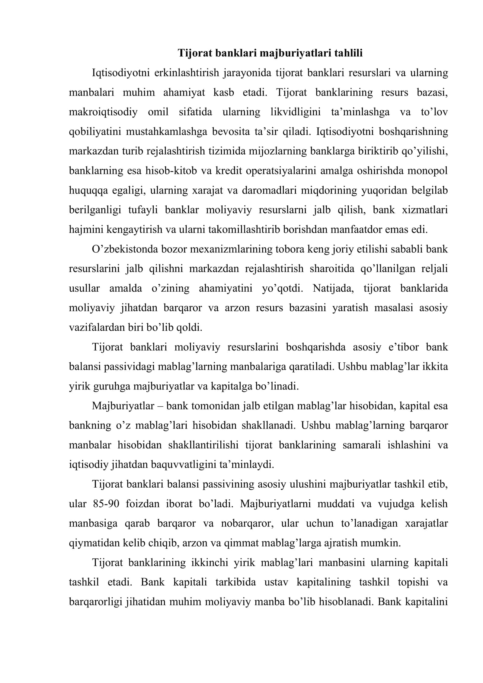 Tijorat banklari majburiyatlari tahlili 2