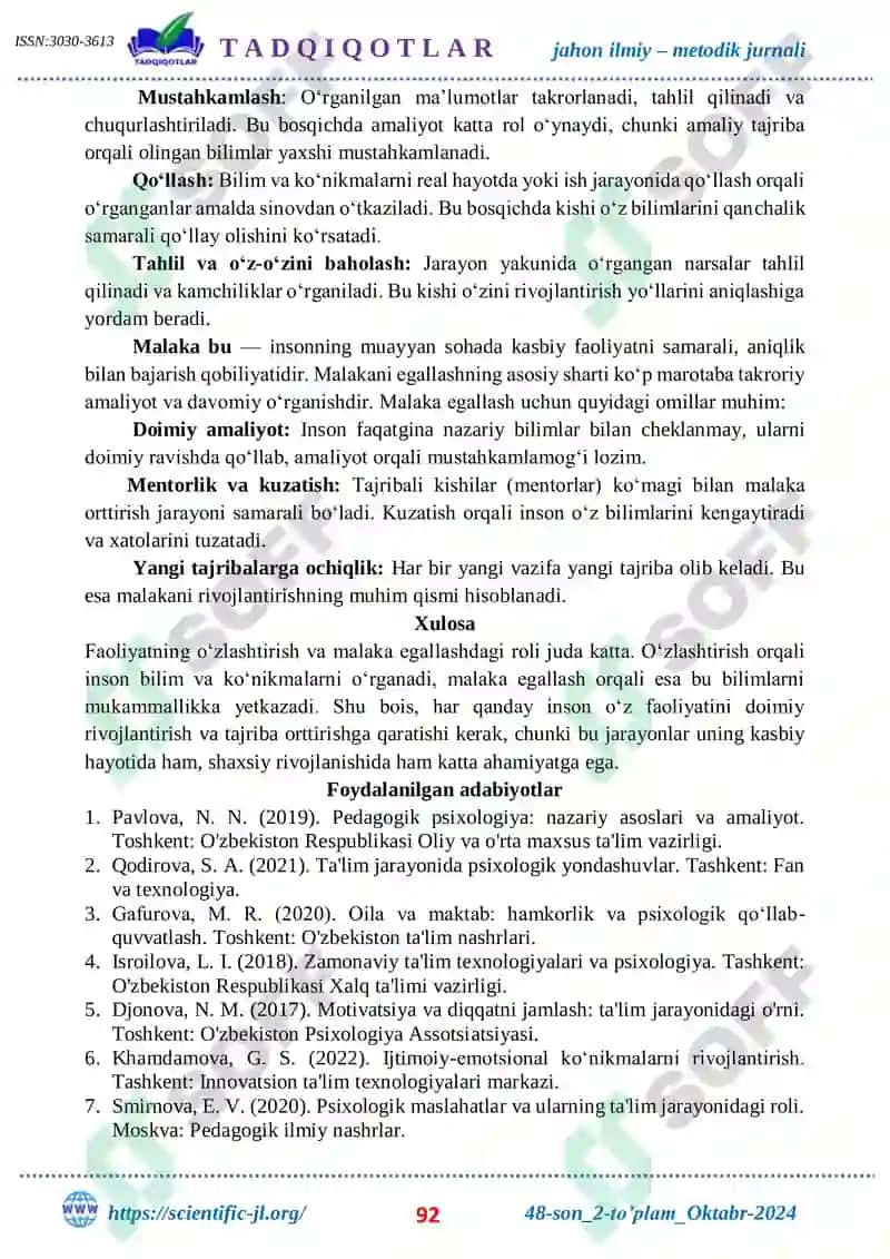 Faoliyatning O’zlashtirish va Malakalarni Egallash 2