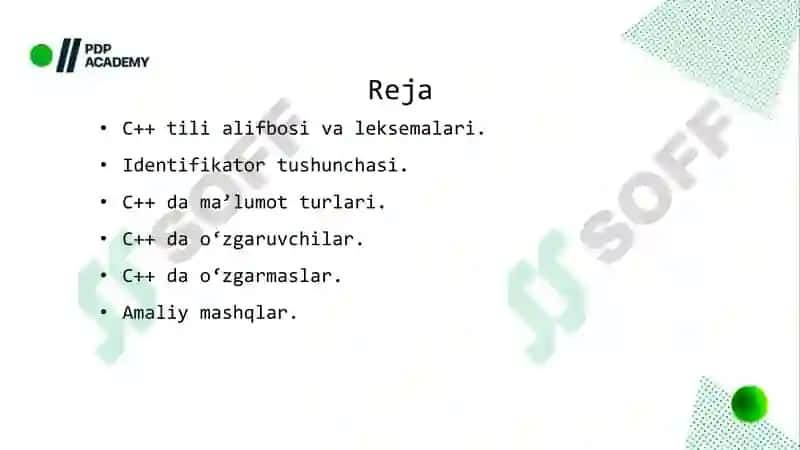 C++ DA MA’LUMOT TURLARI, o‘ZGARUVCHILAR VA LITERALLAR BILAN ISHLASH 2