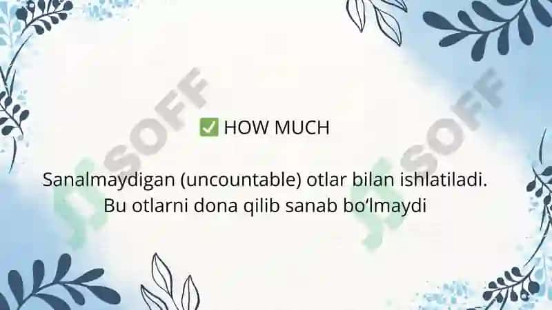 Sanalmaydigan (uncountable) otlar bilan ishlatiladi. 2