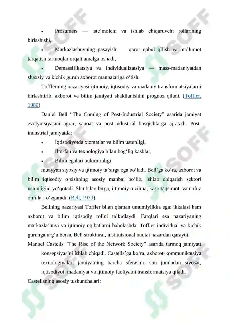 AXBOROTLASHGAN JAMIYAT NAZARIYALARINING QIYOSIY TAHLILI (TOFFLER, CASTELLS, BELL, BAUDRILLARD) 2