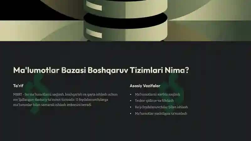 Zamonaviy MBBT lar: MS SQL Server va Oracle Ma'lumotlar bazasi boshqaruv tizimlari (MBBT) 2