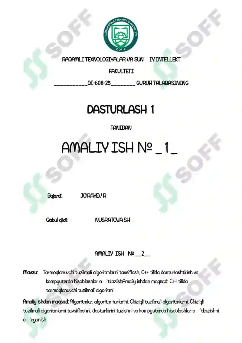 Tarmoqlanuvchi tuzilmali algoritmlarni tavsiflash, C++ tilida dasturlashtirish 2