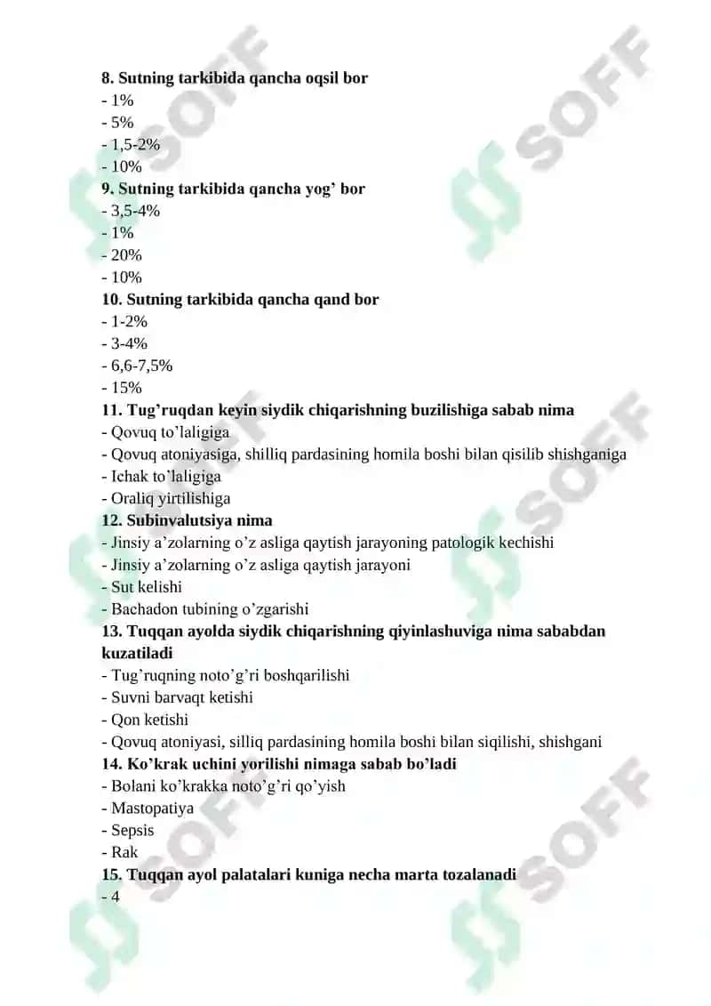 AKUSHERLIK ISHI MUTAXASSISLIGI BO’YICHA SHAKLLANTIRILGAN TEST SAVOLLARI RO’YXATI 2