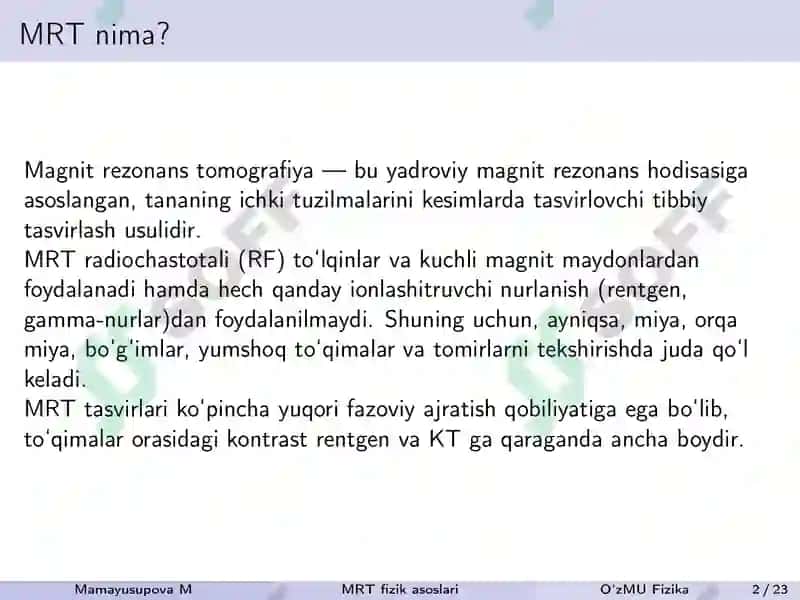 Magnit rezonans tomografiya fizik asoslari 2