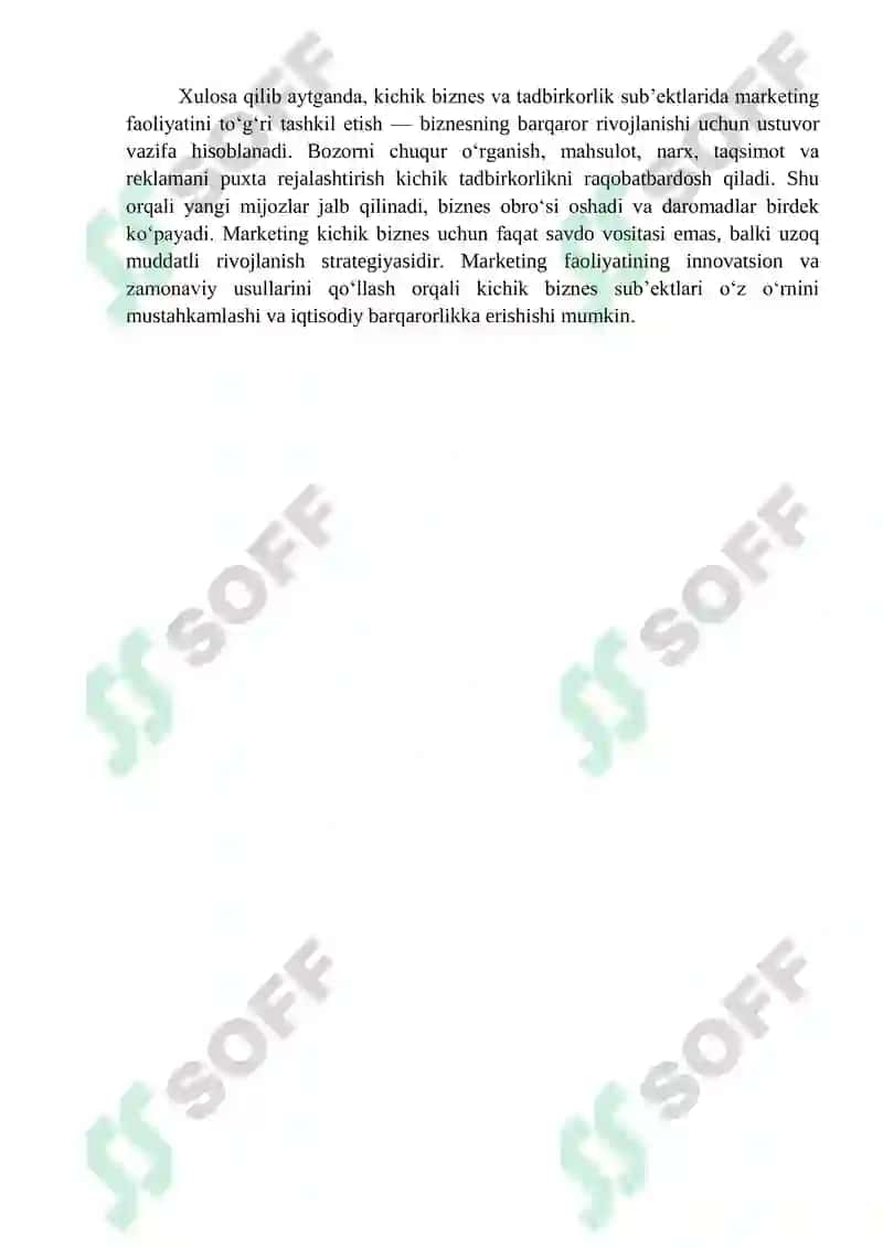 Esse. Kichik biznes va tadbirkorlik subʼektlarida marketing faoliyatini tashkil etish. 2