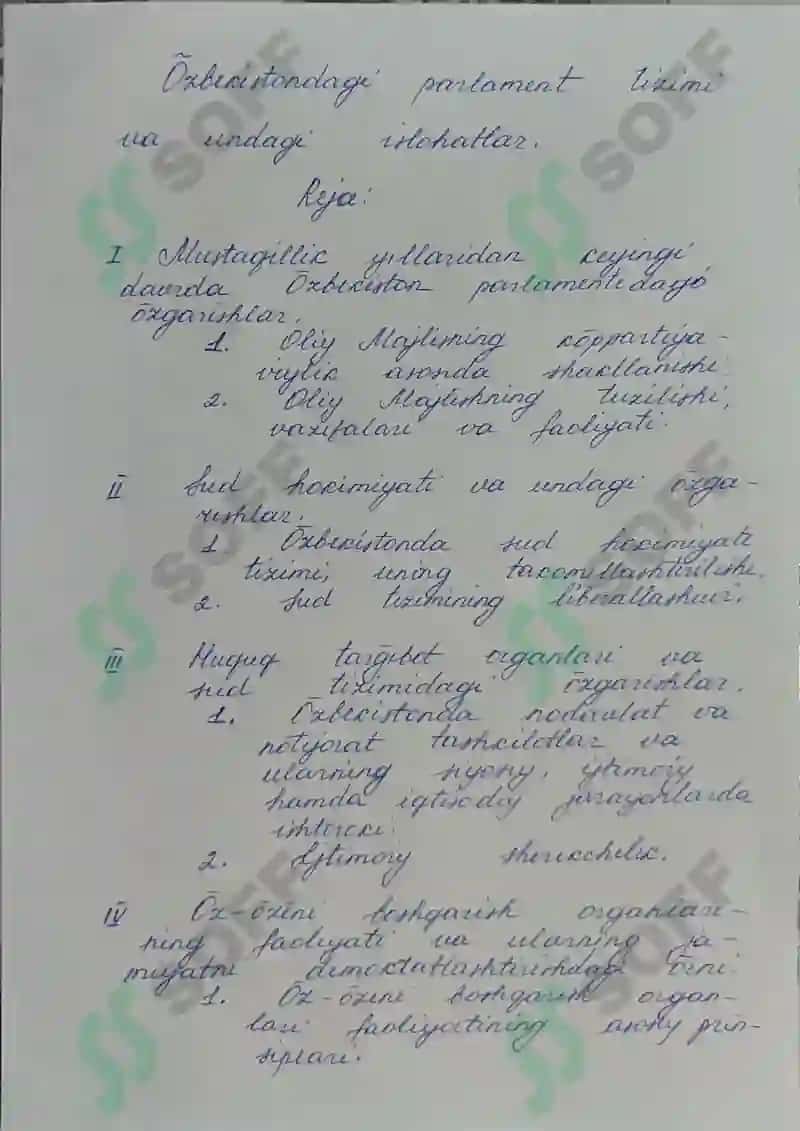 O'zbekiston parlament tizimi va undagi islohatlar Mustaqil ish (javobi) (qo'l yozma) 2