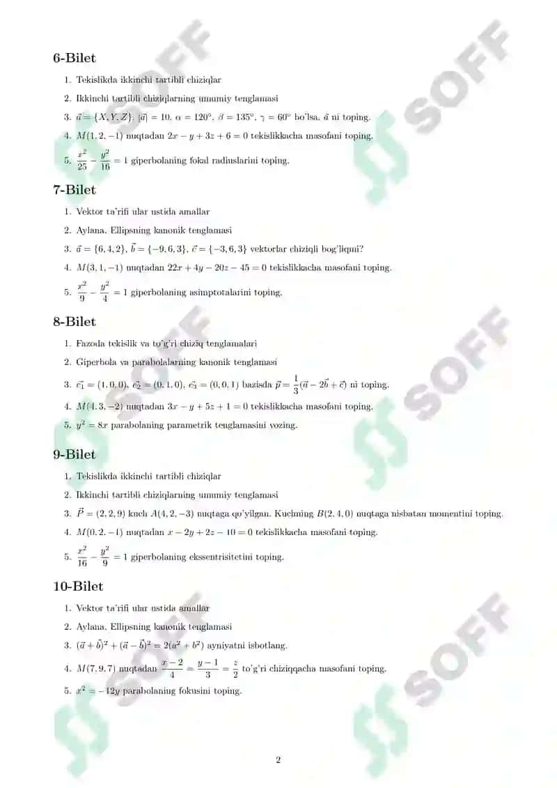 Analitik geometiyadan oraliq biletlati 2