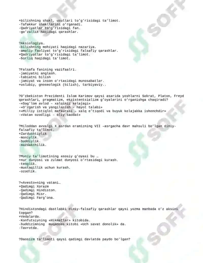 Filosofiya testlar javoblari bilan 2