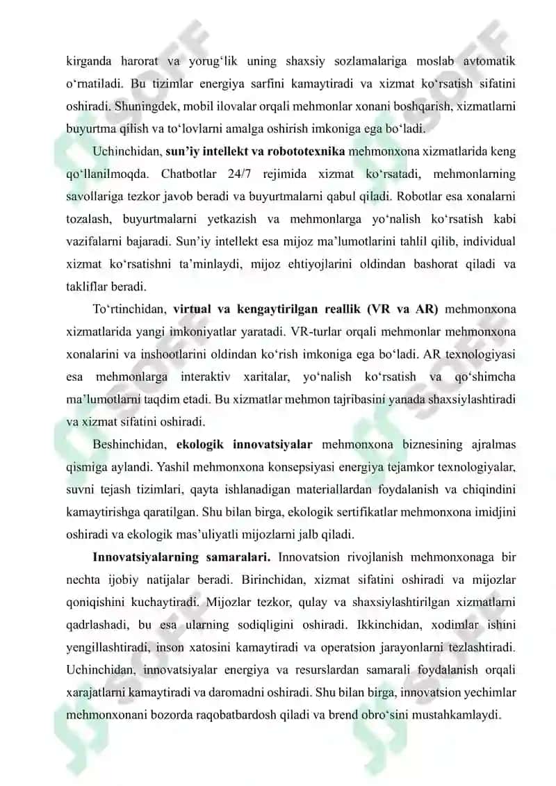 Mehmonxona xizmatlarini innovatsion rivojlanishi 2