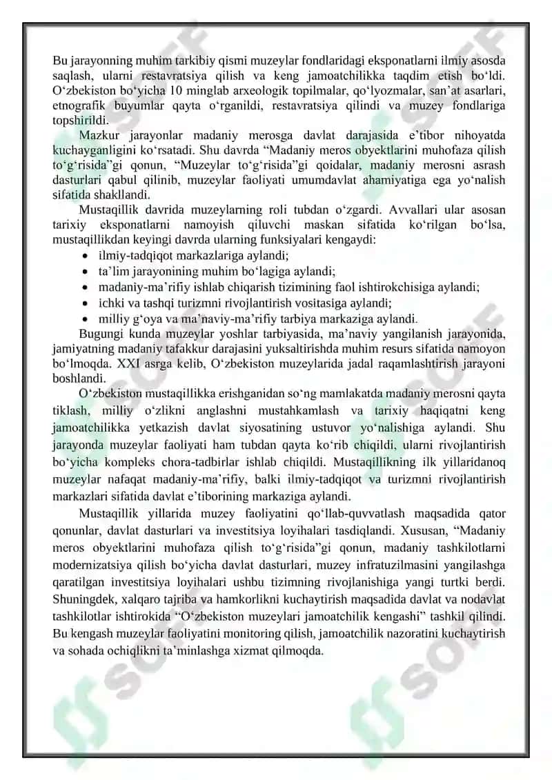 O‘zbekiston mustaqilligi davrida muzeylar va muzey tarmog'ining rivojlanish muammolari 2