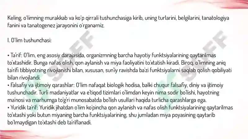O‘lim haqida tushuncha.O‘limning turlari,klinik-morfologik belgilari.Tanatologiya.Tanatogenez 2