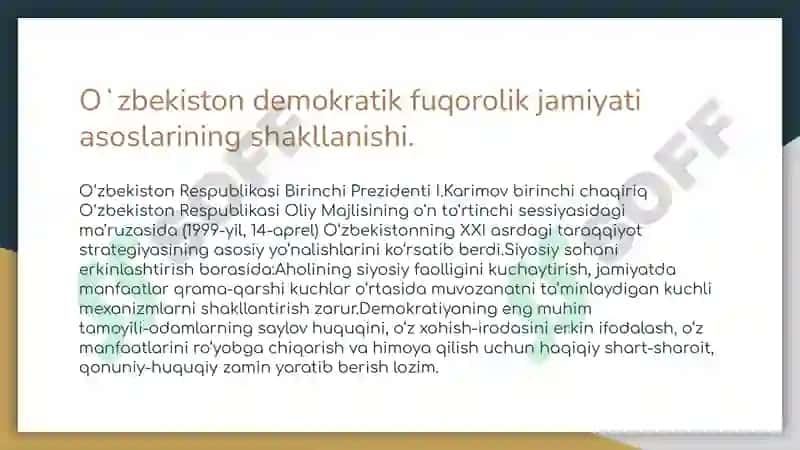 O’zbekistonda huquqiy-siyosiy 
islohotlarning amalga oshirilishi demokratik 
jamiyatni shakl 2