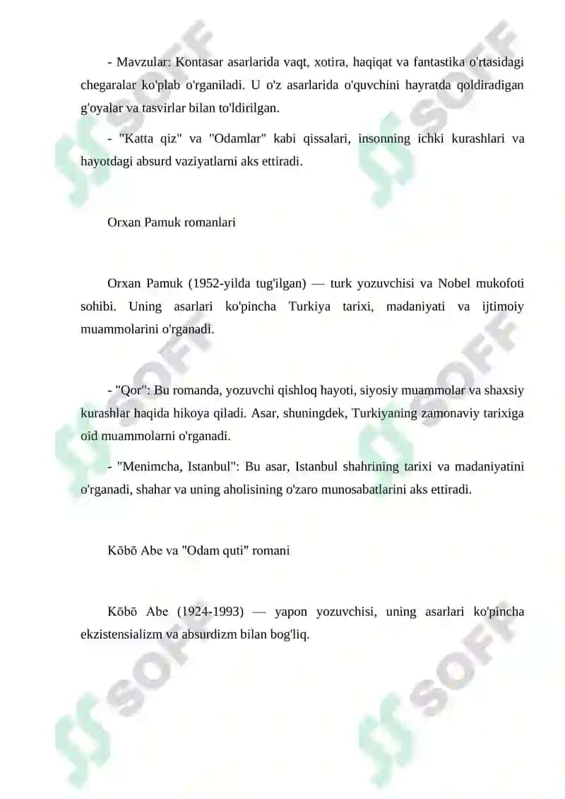 Kafka va “Evrilish” asari. X.Kontasar qissalari O.Pamuk romanlari 2
