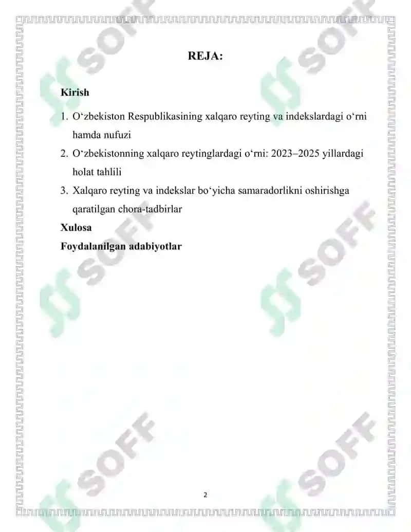 O'ZBEKISTON RESPUBLIKASI UCHUN USTUVOR BO'LGAN XALQARO REYTING VA INDEKSLAR BO'YICHA SAMARADORLIKNING ENG MUHIM KO'RSATKICHLARINI OSHIRISH BORASIDA OLIB BORILAYOTGAN CHORA-TADBIRLAR 2