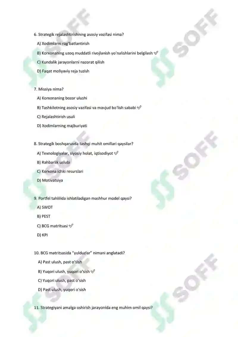 Strategik boshqaruv fanidan test savollari (1–20) 2
