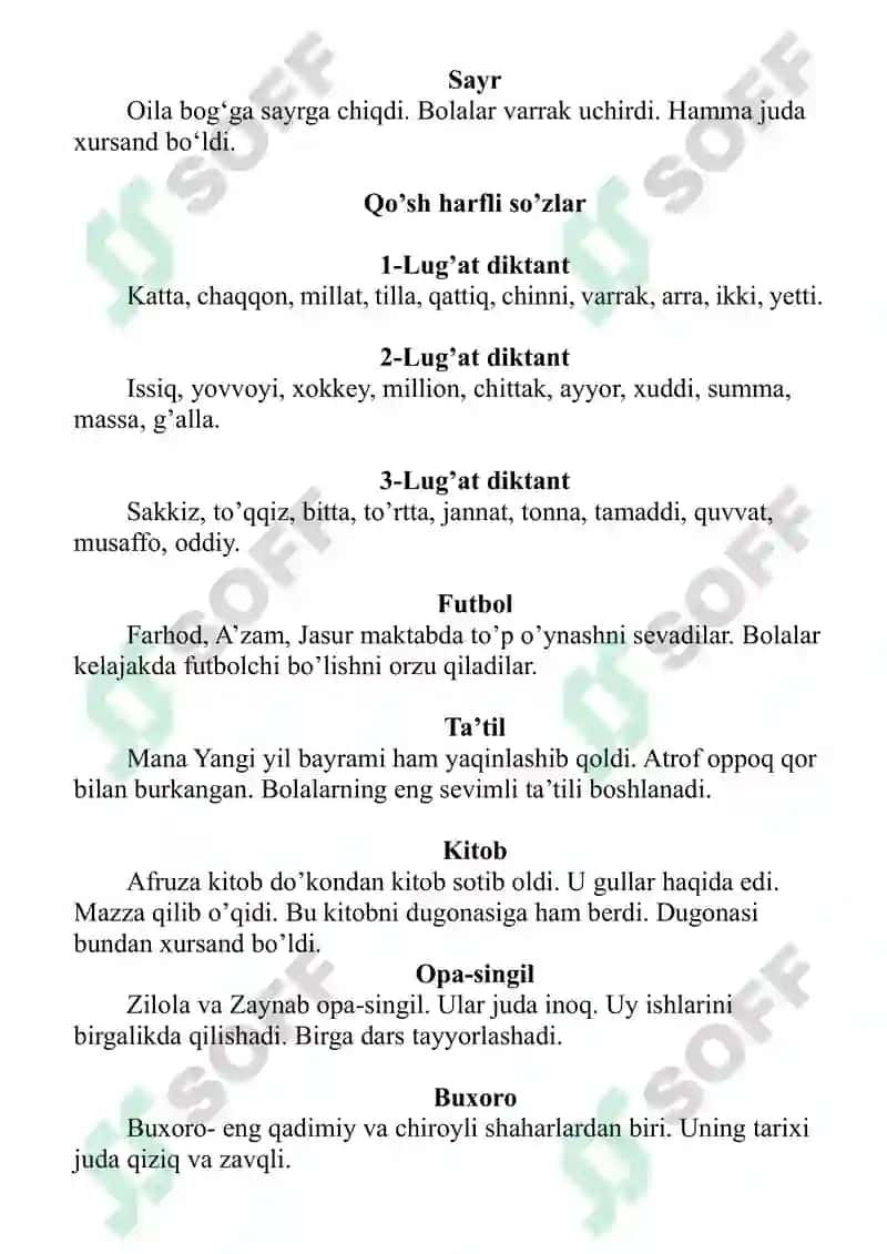 1-sinf uchun lug‘at va gapli diktantlar to‘plami 2