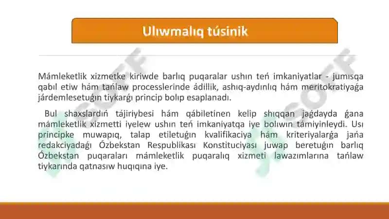 Ózbekstan puqaralarınıń mámleketlik xizmetke kiriwdegi teń huquqlılıǵı 2