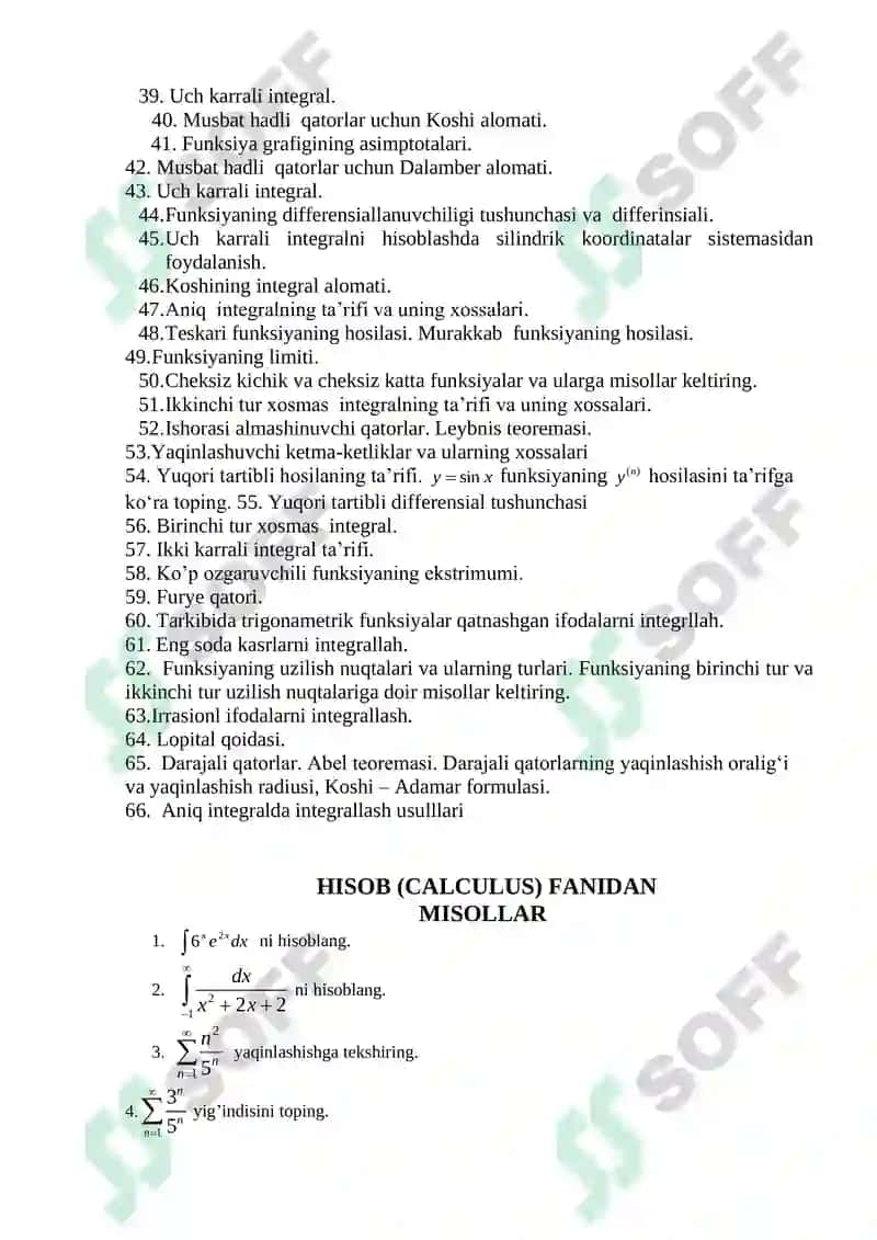HISOB (CALCULUS) FANIDAN NAZARIY SAVOLLAR 2