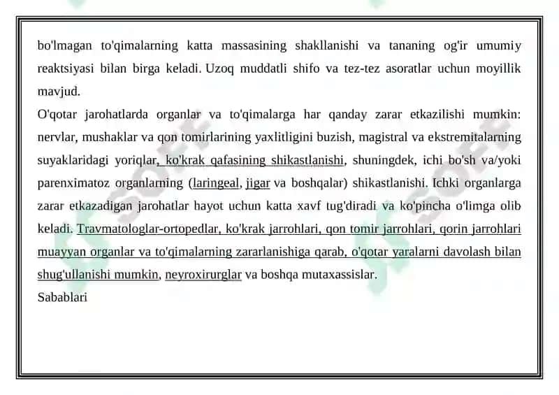 O'Q OTAR JAROHATLARDA ICHKI A'ZOLAR KASALIKLARINING PAYDO BO'LISHI. KECHISHI VA DIAGNOSTIKASI 2
