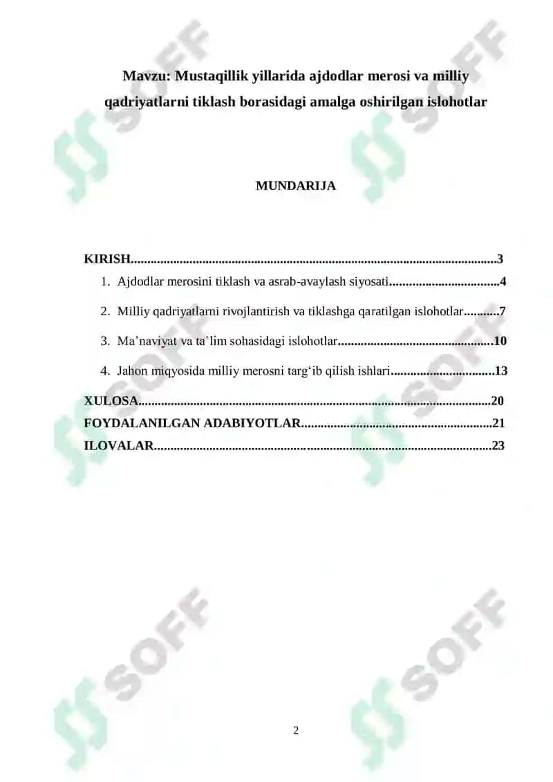 Mustaqillik yillarida ajdodlar merosi va milliy qadriyatlarni tiklash borasidagi amalga oshirilgan islohotlar 2