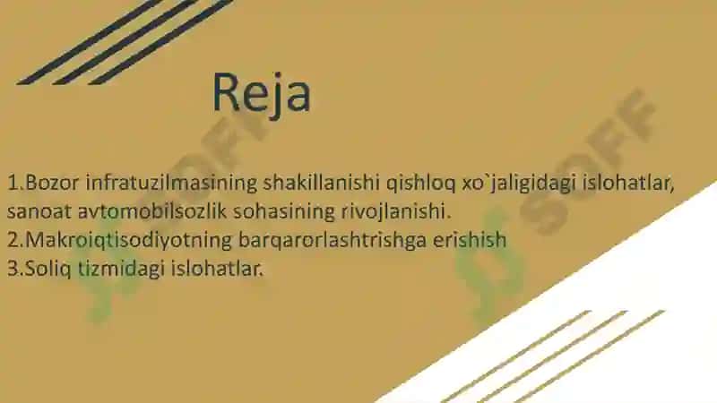 Bozor infratuzilmasining shakillanishi qishloq xo`jaligidagi islohatlar, sanoat avtomobilsozlik sohasining rivojlanishi 2