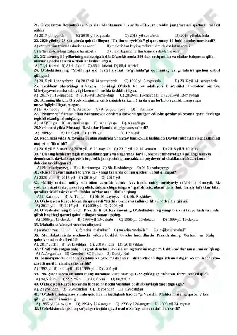 O’ZBEKISTONNING ENG YANGI TARIXI FANIDAN TESTLAR TO’PLAMI 2