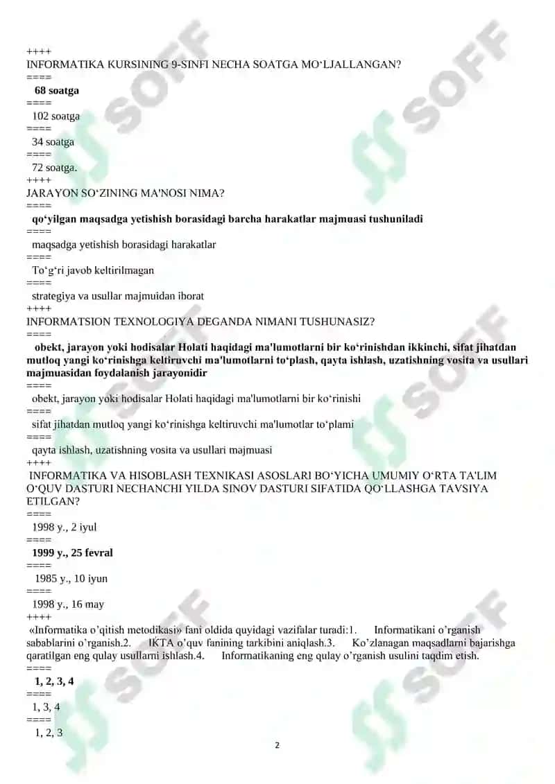 Informatika o’qitish metodikasi testlar javobi bilan 2