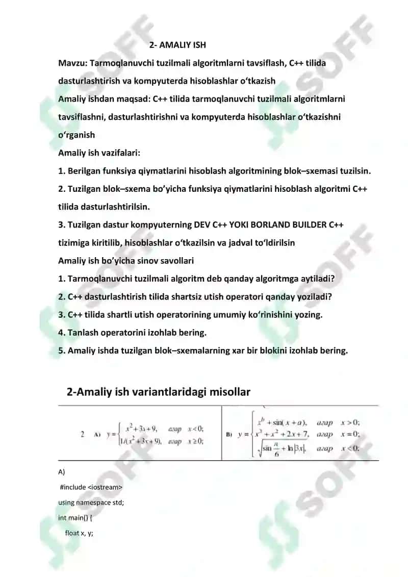 Tarmoqlanuvchi tuzilmali algoritmlarni tavsiflash, C++ tilida dasturlashtirish va kompyuterda hisoblashlar o‘tkazish 2