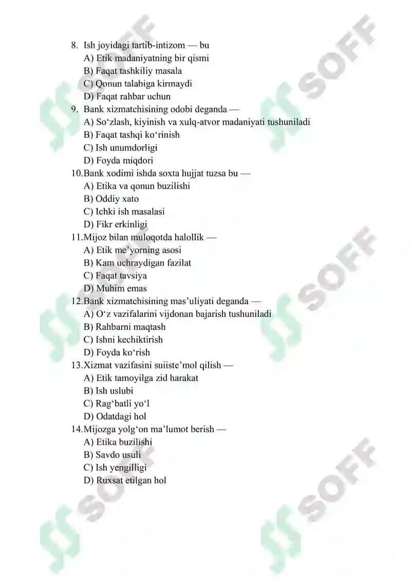 Bank xizmatchisi etikasining mezonlari bo‘yicha 40 talik test savollari Hammasini javobi A Pdf 2