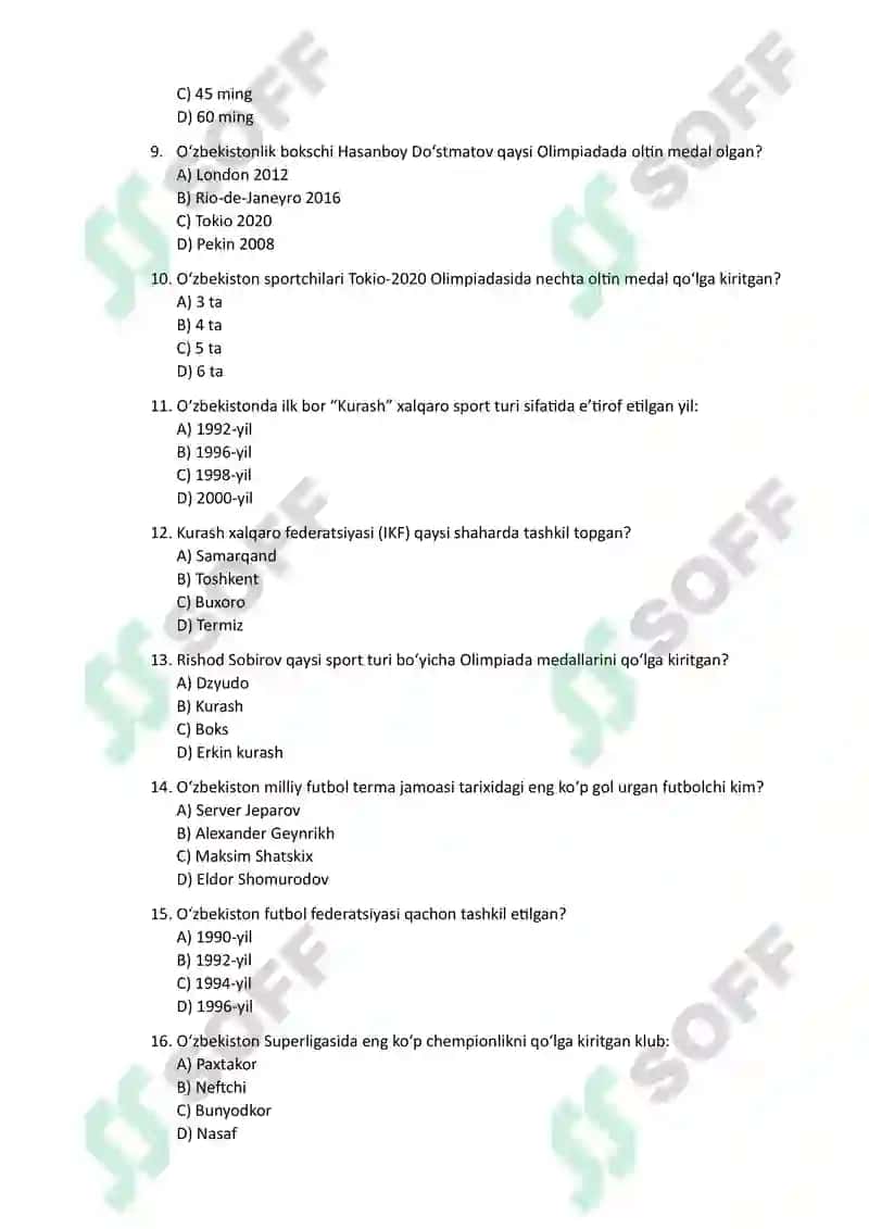 Jismoniy madaniyat va sport fanidan 30 ta test savoli kaliti bilan 2