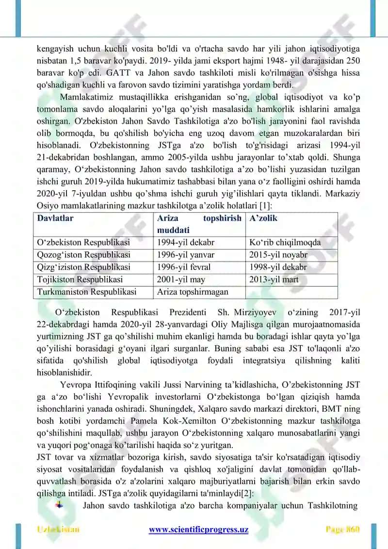 Uzbekistan AS A MEMBER OF THE WORLD WTO: CHALLENGES AND PROSPECTS 2