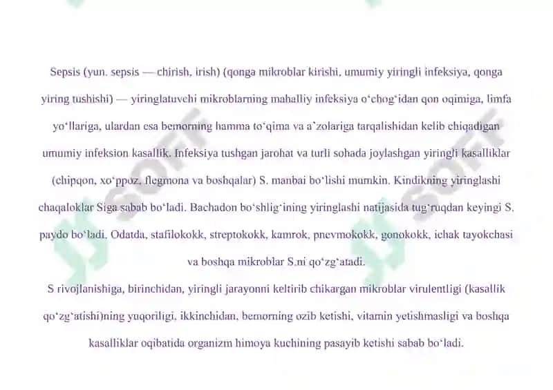 SEPSIS: SABABLARI, BELGILARI, TURLARI VA DAVOLASH 2