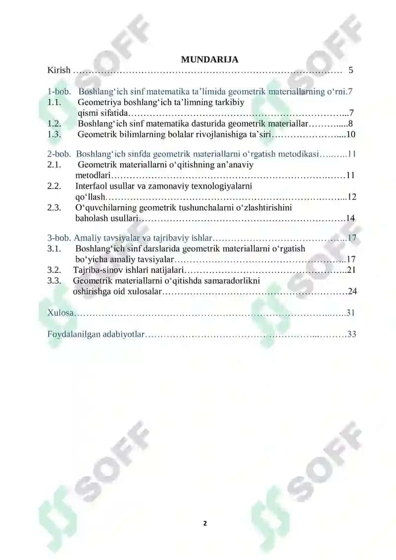 MATEMATIKA VA UNI O’QITISH METODIKASI FANIDAN KURS ISHI 2