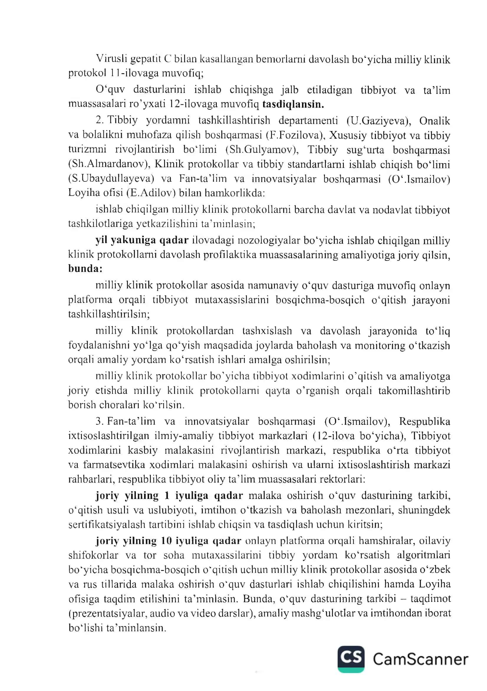 Davolash profilaktika muassasalari uchun milliy klinik protokollarni tasdiqlash va tibbiyot amaliyotiga joriy etish to‘g‘risida 2