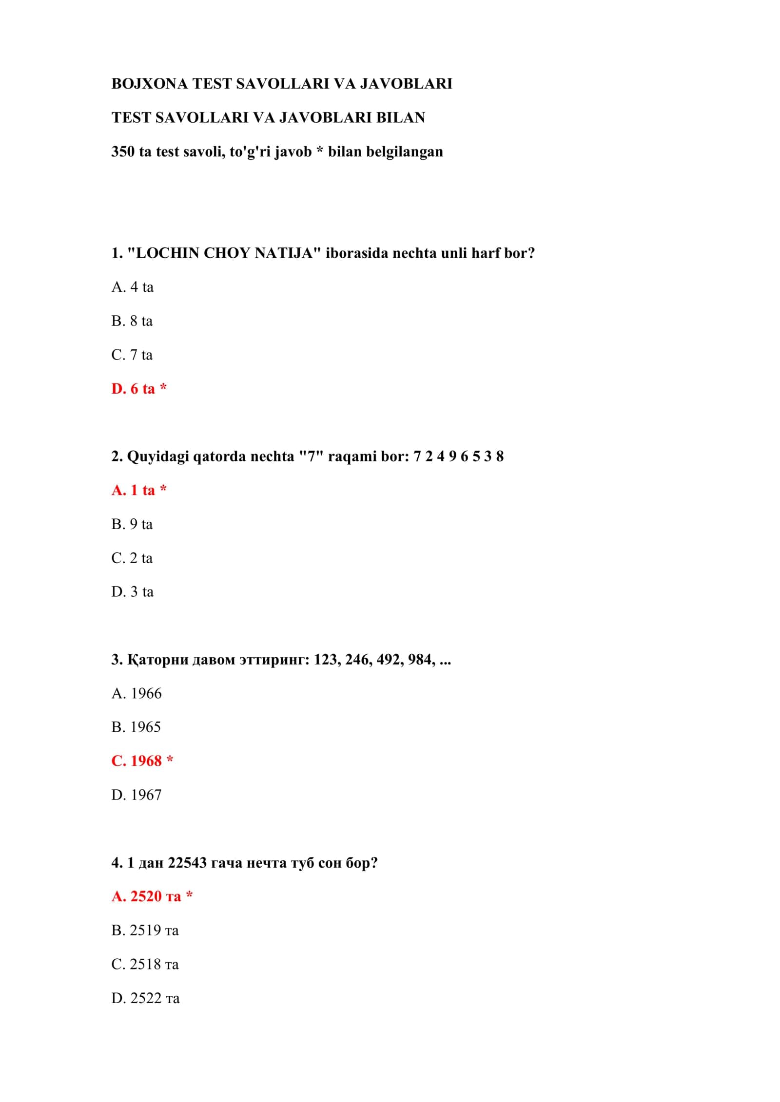 BOJXONA TEST SAVOLLARI VA JAVOBLARI 2
