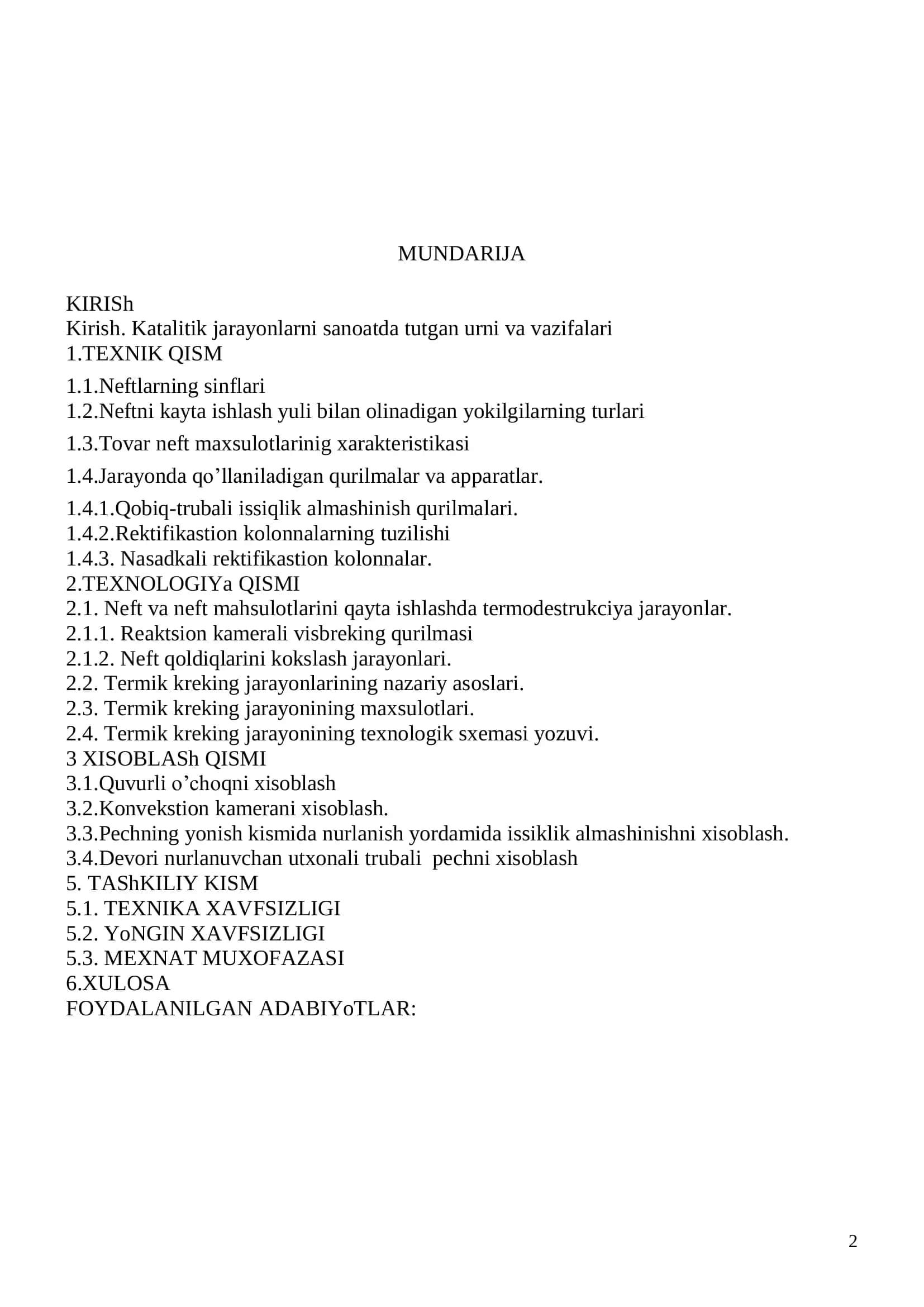 Quvvati sutkasiga 2700 tonna bo’lgan mazutni termik krekinglash blogidagi kolonnaning reaktsion kamerasini va quvurli o’choqni hisoblash 2