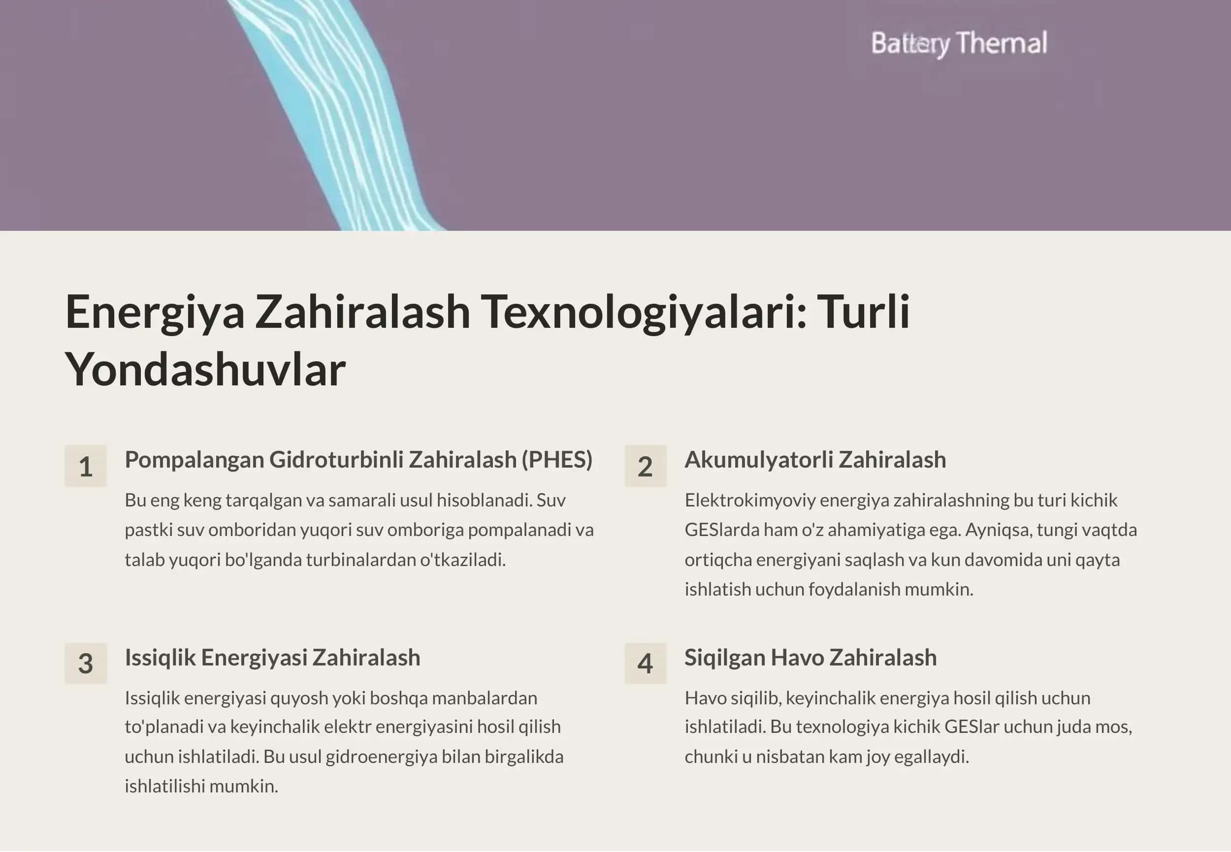 Energiya Zahiralash Texnologiyalari Kichik GESlar Uchun Imkoniyatlar 2